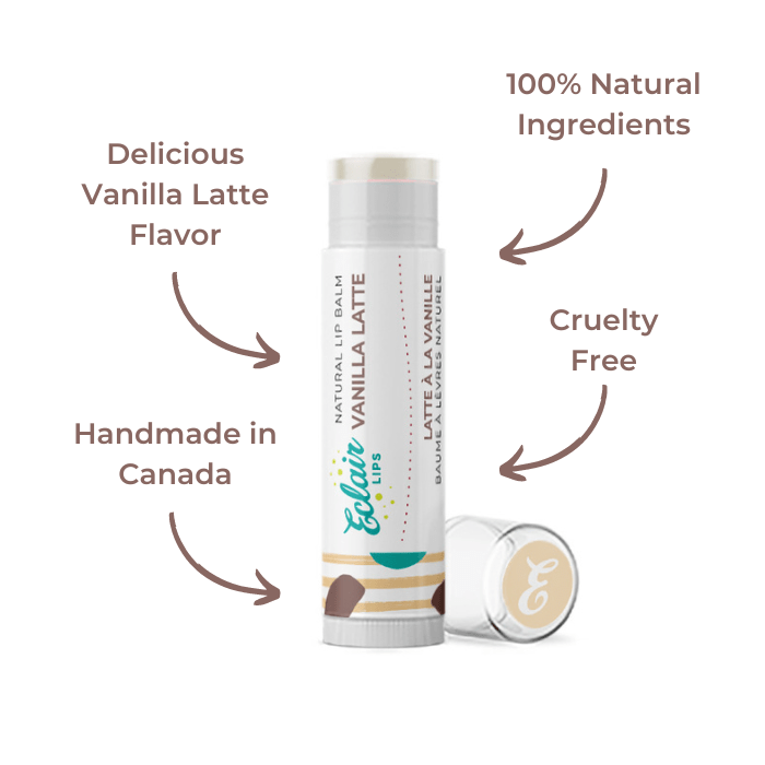 Lip balm tube with Vanilla Latte label and arrows.