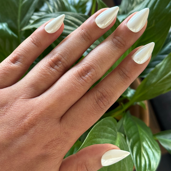 White Jelly Chrome - Press-On | Medium | Stiletto with sheer milky white and subtle chrome shimmer for easy at-home mani