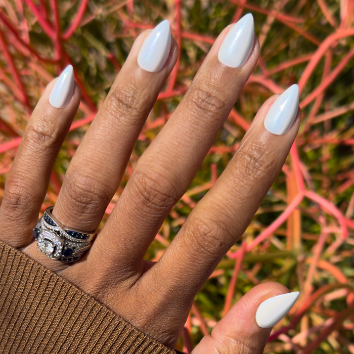 White Jelly Chrome - Press-On | Medium | Stiletto with milky sheer white and chrome shimmer for an easy at-home mani