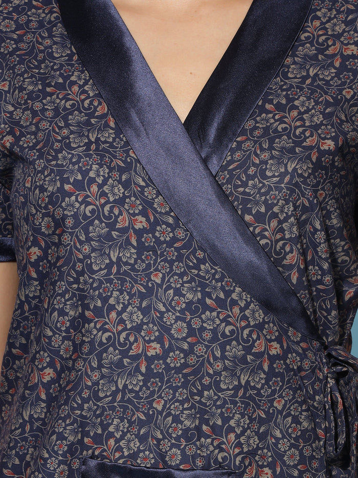 Chic Navy Blue Viscose Blend Ladies Housecoat For Women