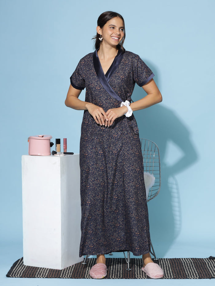 Chic Navy Blue Viscose Blend Ladies Housecoat For Women