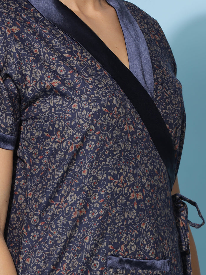 Chic Navy Blue Viscose Blend Ladies Housecoat For Women
