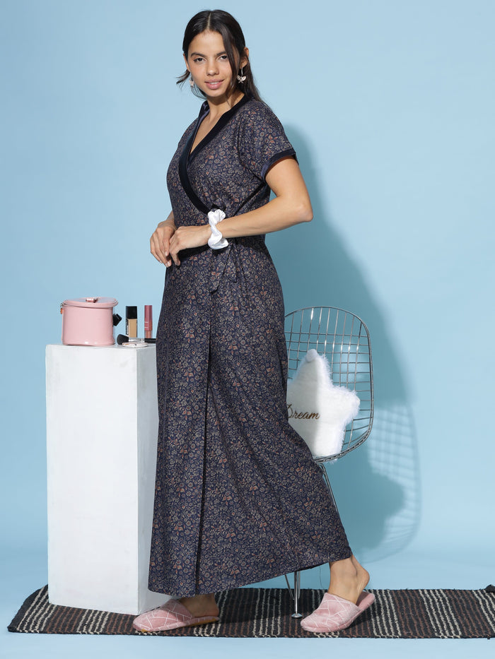 Chic Navy Blue Viscose Blend Ladies Housecoat For Women