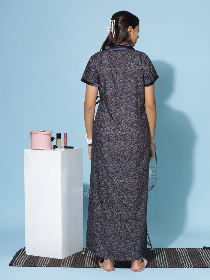 Chic Navy Blue Viscose Blend Ladies Housecoat For Women