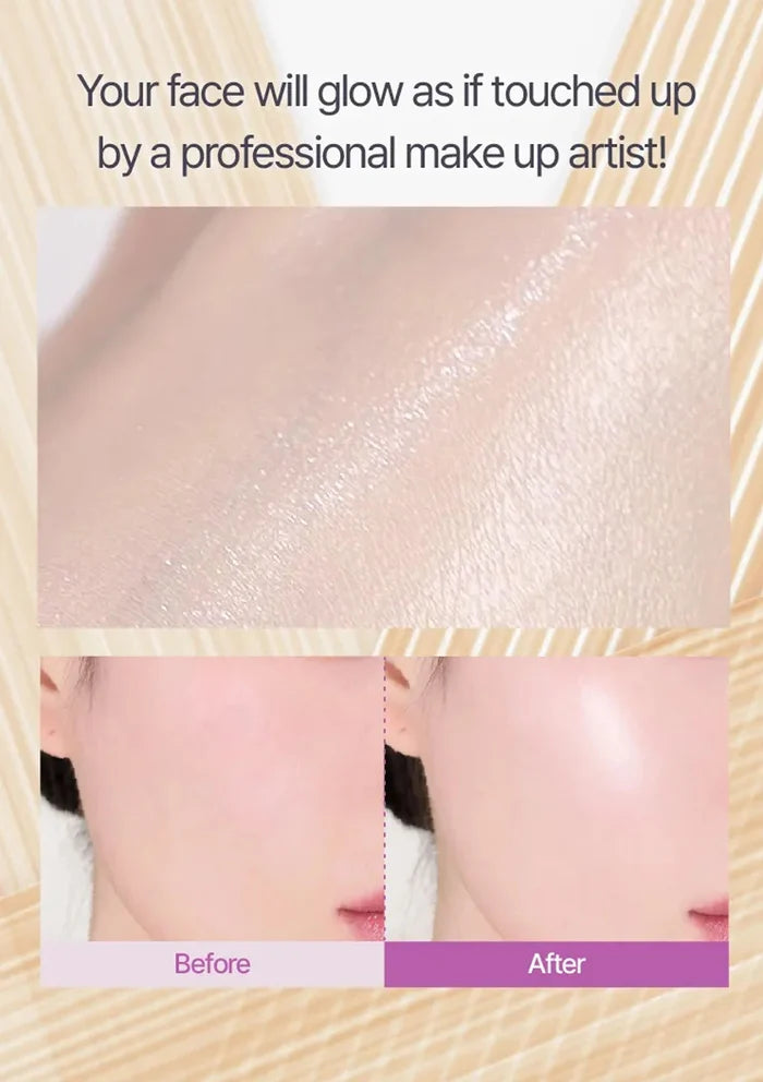 Before and after comparison of a face with text about professional makeup artist effect.
