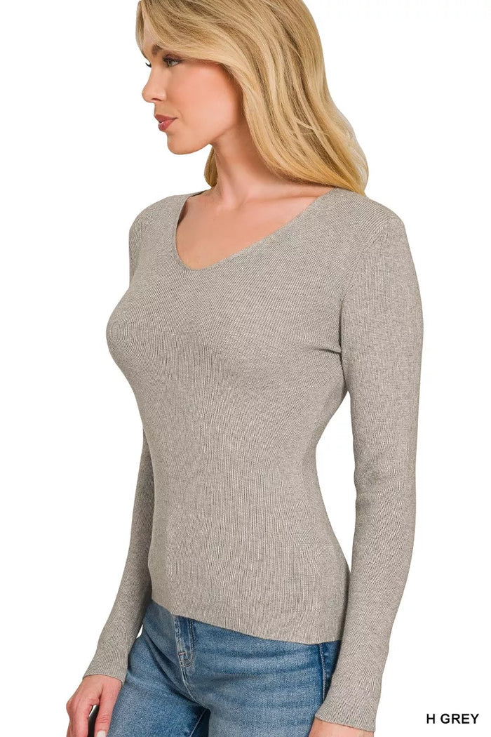 Zenana Viscose Fitted V-neck Sweater